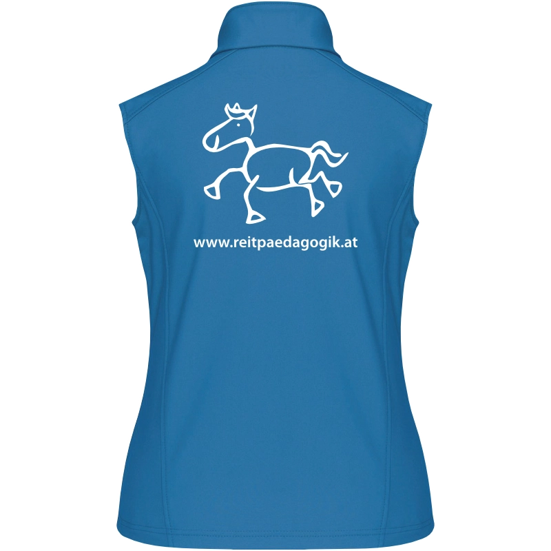 Reitpaedagogik produkt damen softshellgilet aquablue back K404 white print