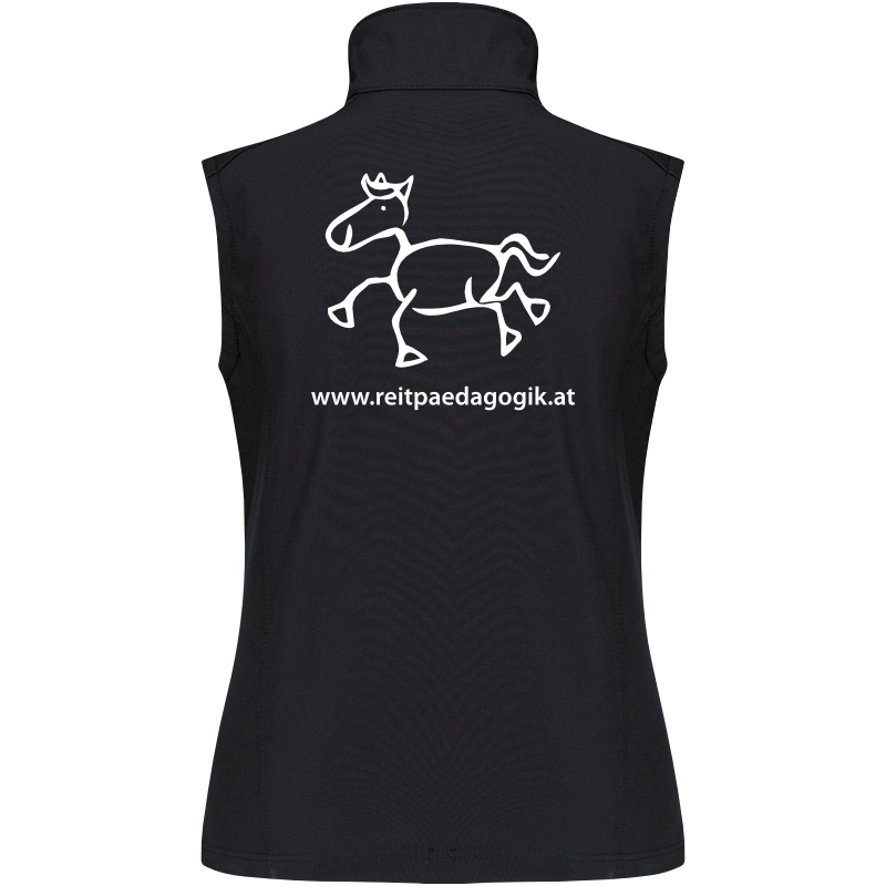 Reitpaedagogik produkt damen softshellgilet black back K404 white print