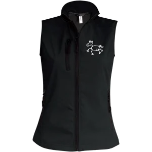 Reitpaedagogik produkt damen softshellgilet black front K404 white print
