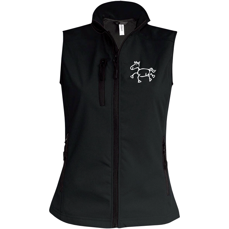 Reitpaedagogik produkt damen softshellgilet black front K404 white print