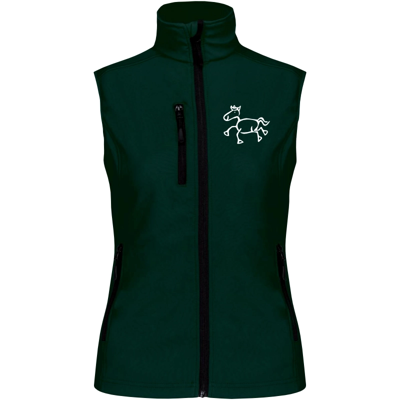 Reitpaedagogik produkt damen softshellgilet bottlegreen front K404 white print