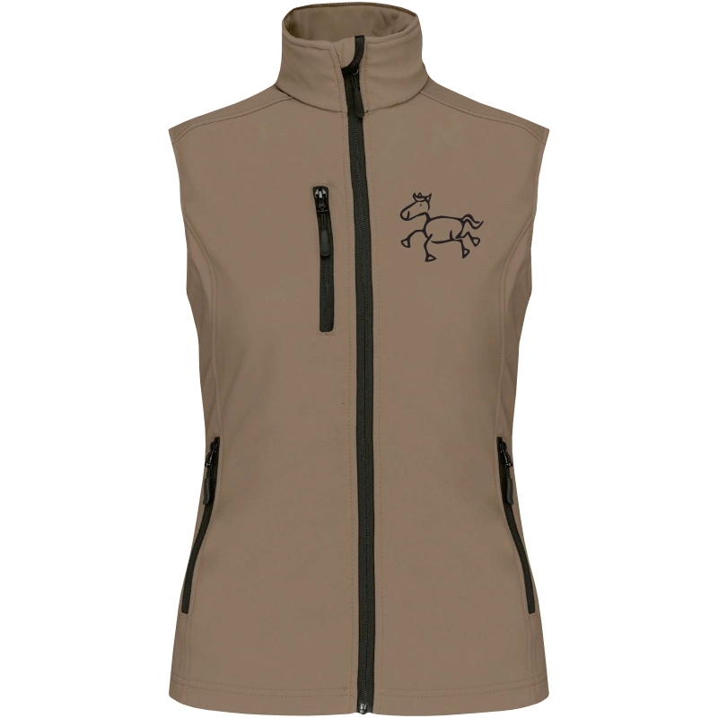 Reitpaedagogik produkt damen softshellgilet camel front K404 black print