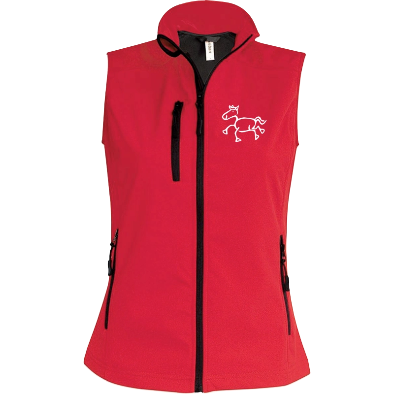Reitpaedagogik produkt damen softshellgilet red front K404 white print