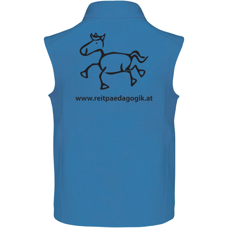 Reitpaedagogik produkt herren softshellgilet aquablue back K403 black print