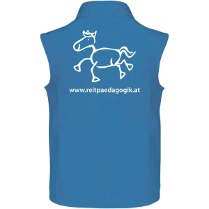 Reitpaedagogik produkt herren softshellgilet aquablue back K403 white print