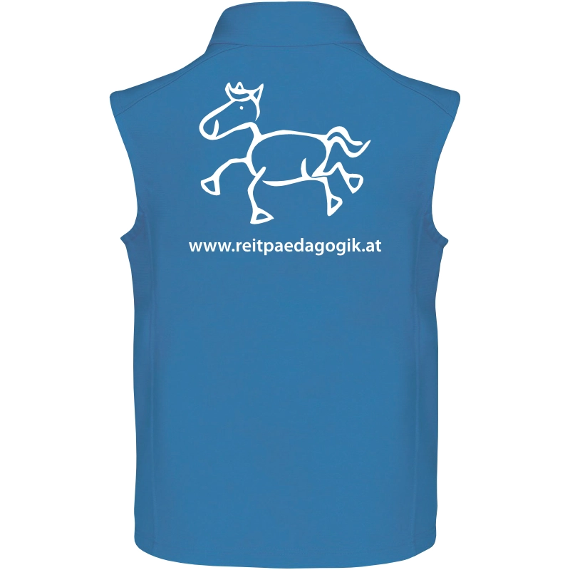 Reitpaedagogik produkt herren softshellgilet aquablue back K403 white print