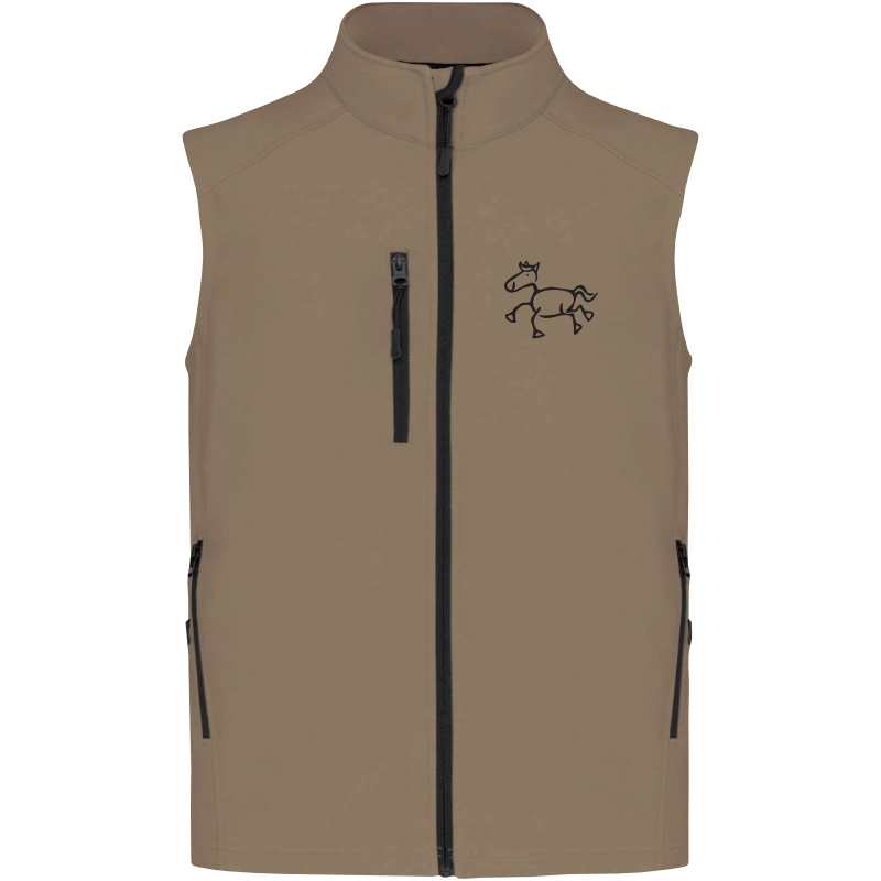 Reitpaedagogik produkt herren softshellgilet camel front K403 black print