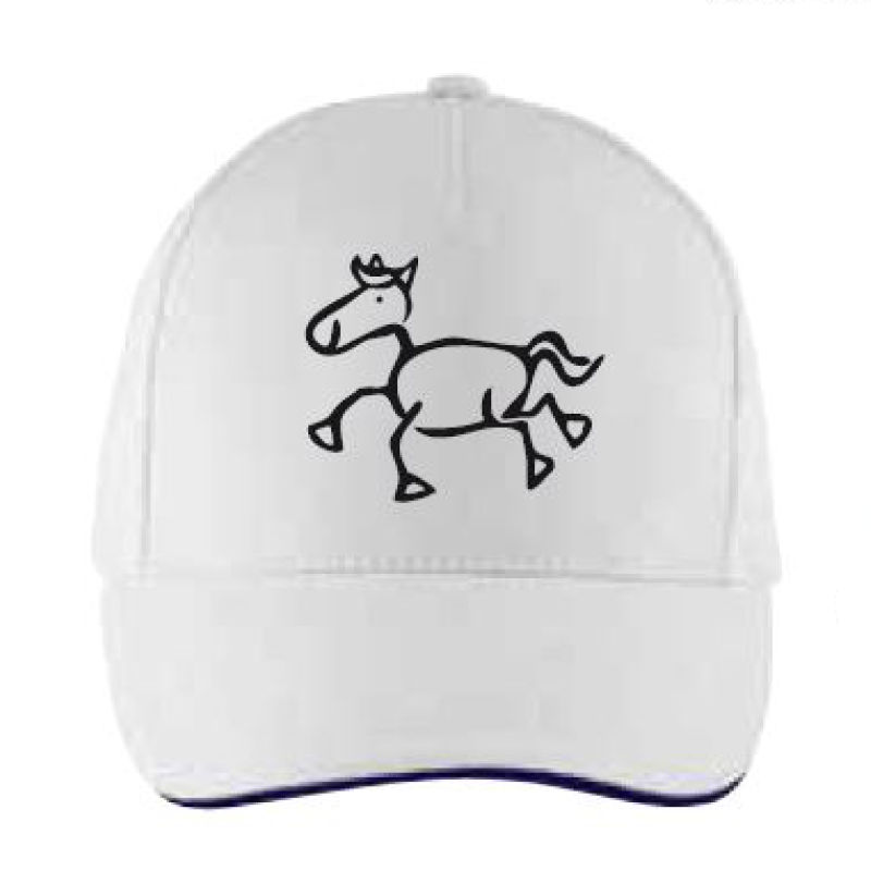 weiße Baseball-Kappe mit mittig aufgedrucktem illustrierten, schwarzen Pferd