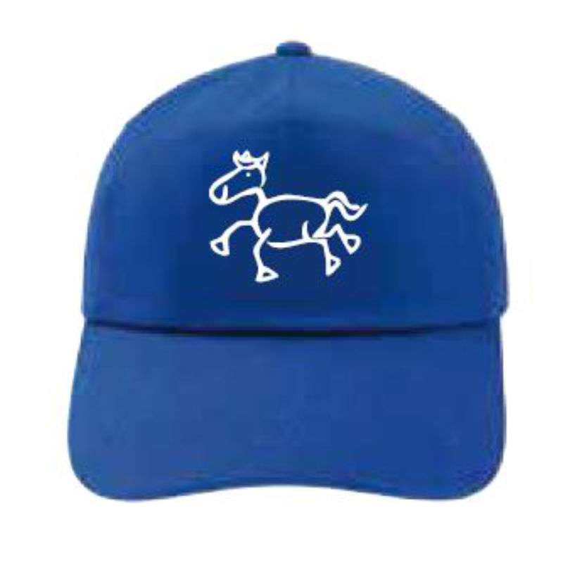 blaue Baseball-Kappe mit mittig aufgedrucktem illustrierten, weißen Pferd